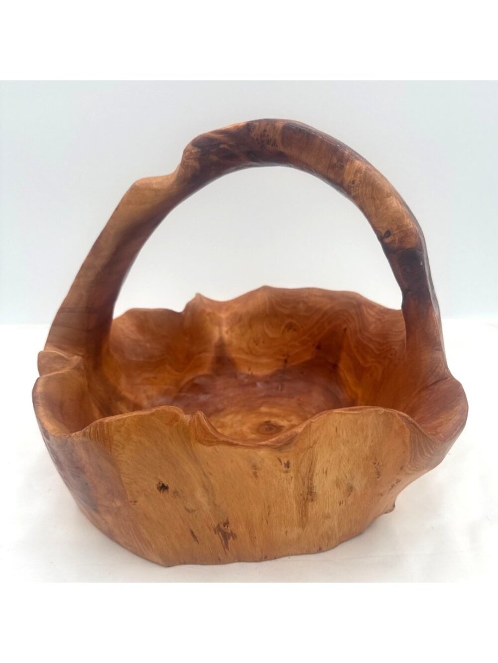Large 11"x11" Hand Carved Primitive Burl Wood Bowl Basket W/Handle Boho Folk